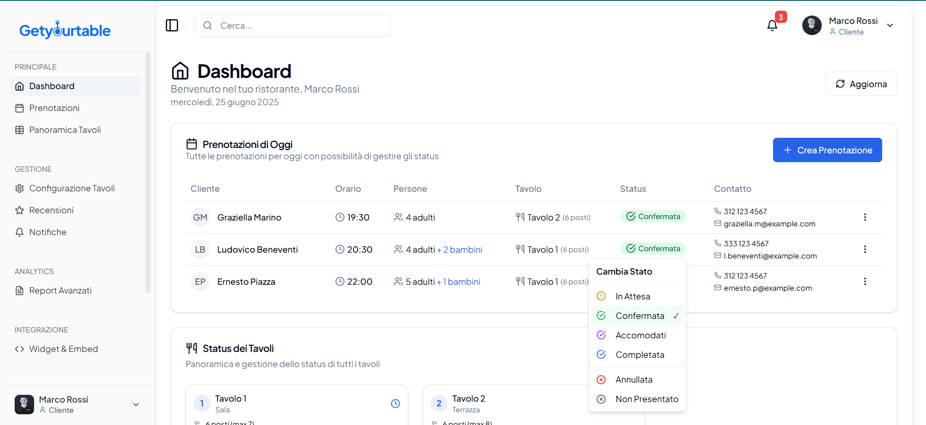 GetYourTable Dashboard - Gestione Completa Ristorante
